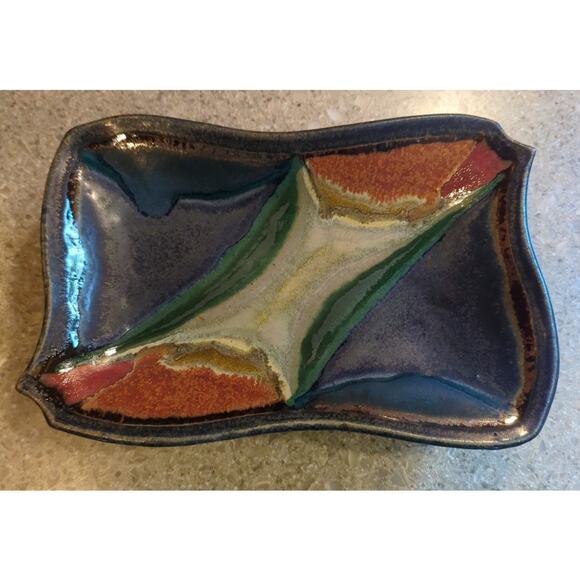 Studio Glazed Art Pottery Serving Dish Bow Tie Shape Blue Brown 9 x 5.5 x 1.75 - Picture 1 of 5